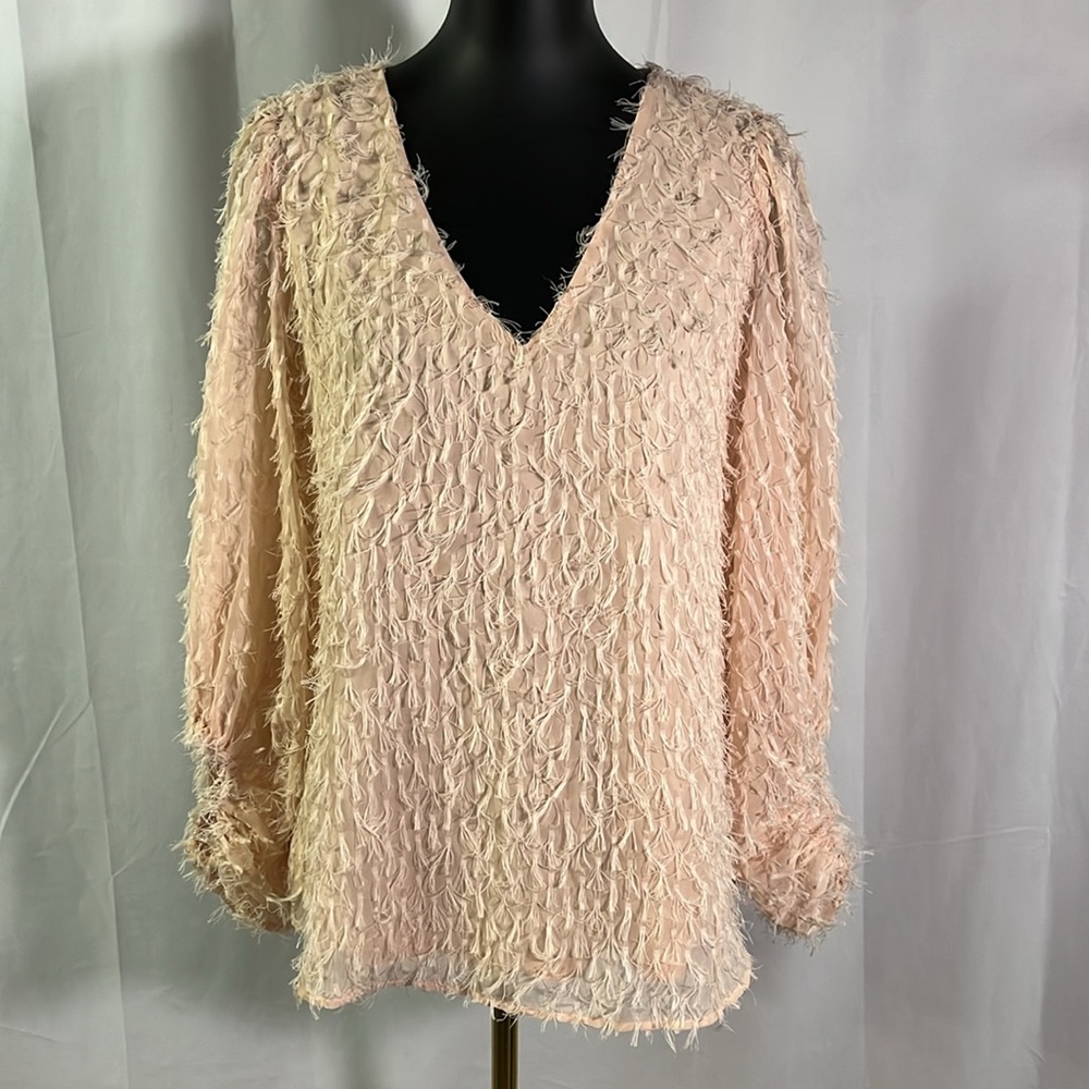 Blu Pepper Pale Pink Eyelash Fringe Balloon Sleeve V-Neck Blouse